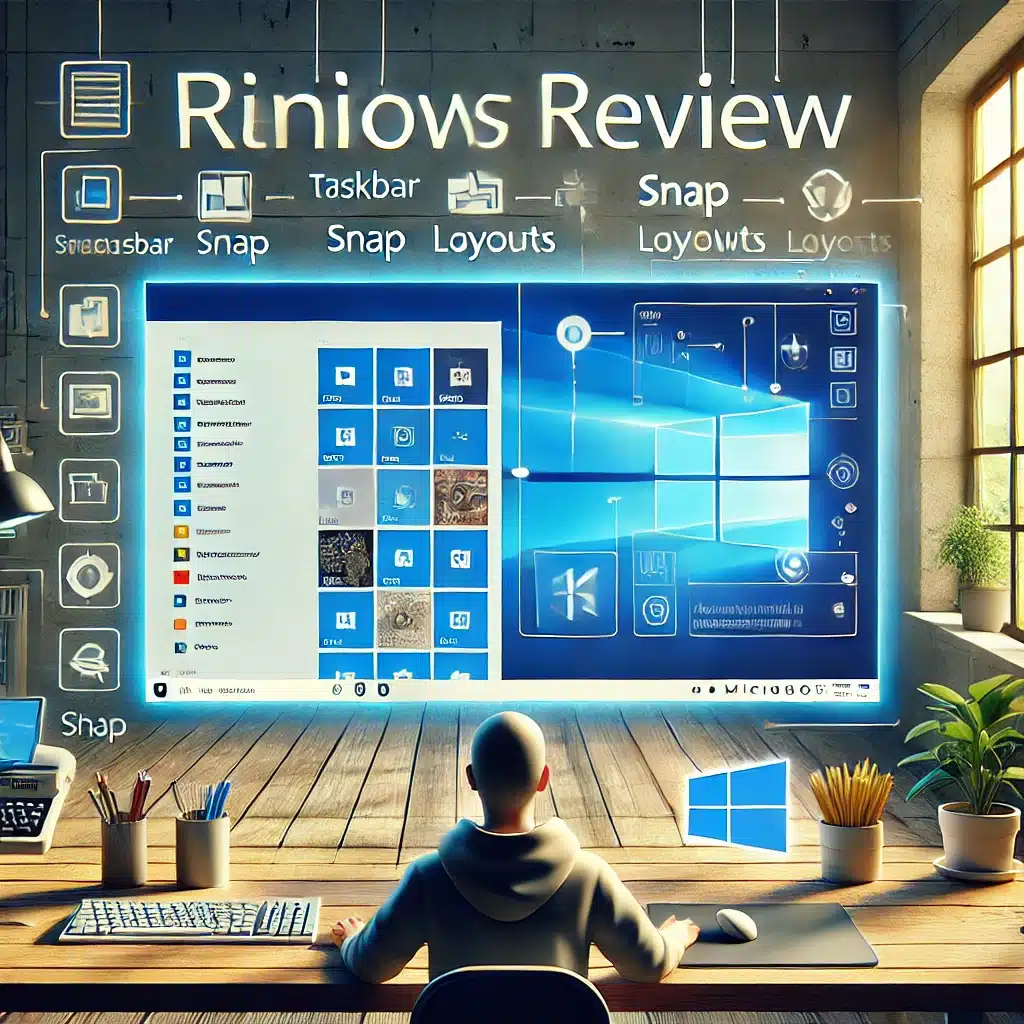 Windows 11 i brug med en anmeldelsesscene, hvor en bruger navigerer gennem det nye interface. Skærmen viser funktioner som Snap Layouts, den centrerede proceslinje og den opdaterede Microsoft Store. Moderne arbejdsområde, der symboliserer effektivitet og brugervenlighed.