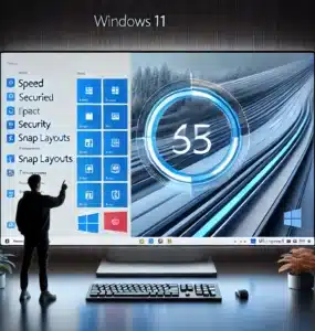Windows 11-grænseflade vist på en højopløsningsskærm. Centreret proceslinje, afrundede hjørner og moderne ikoner fremhæver de nyeste designforbedringer. Fokus på hastighed, sikkerhed og produktivitet med multitasking-funktioner som Snap Layouts og Microsoft Teams-integration.