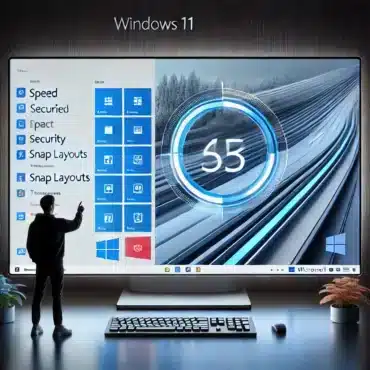 Windows 11-grænseflade vist på en højopløsningsskærm. Centreret proceslinje, afrundede hjørner og moderne ikoner fremhæver de nyeste designforbedringer. Fokus på hastighed, sikkerhed og produktivitet med multitasking-funktioner som Snap Layouts og Microsoft Teams-integration.