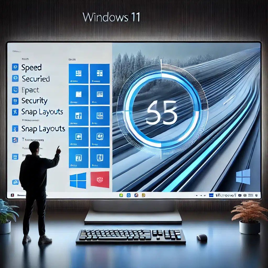 Windows 11-grænseflade vist på en højopløsningsskærm. Centreret proceslinje, afrundede hjørner og moderne ikoner fremhæver de nyeste designforbedringer. Fokus på hastighed, sikkerhed og produktivitet med multitasking-funktioner som Snap Layouts og Microsoft Teams-integration.