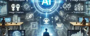 et moderne og futuristisk arbejdsområde, hvor forskellige AI-produktivitetsværktøjer er i brug