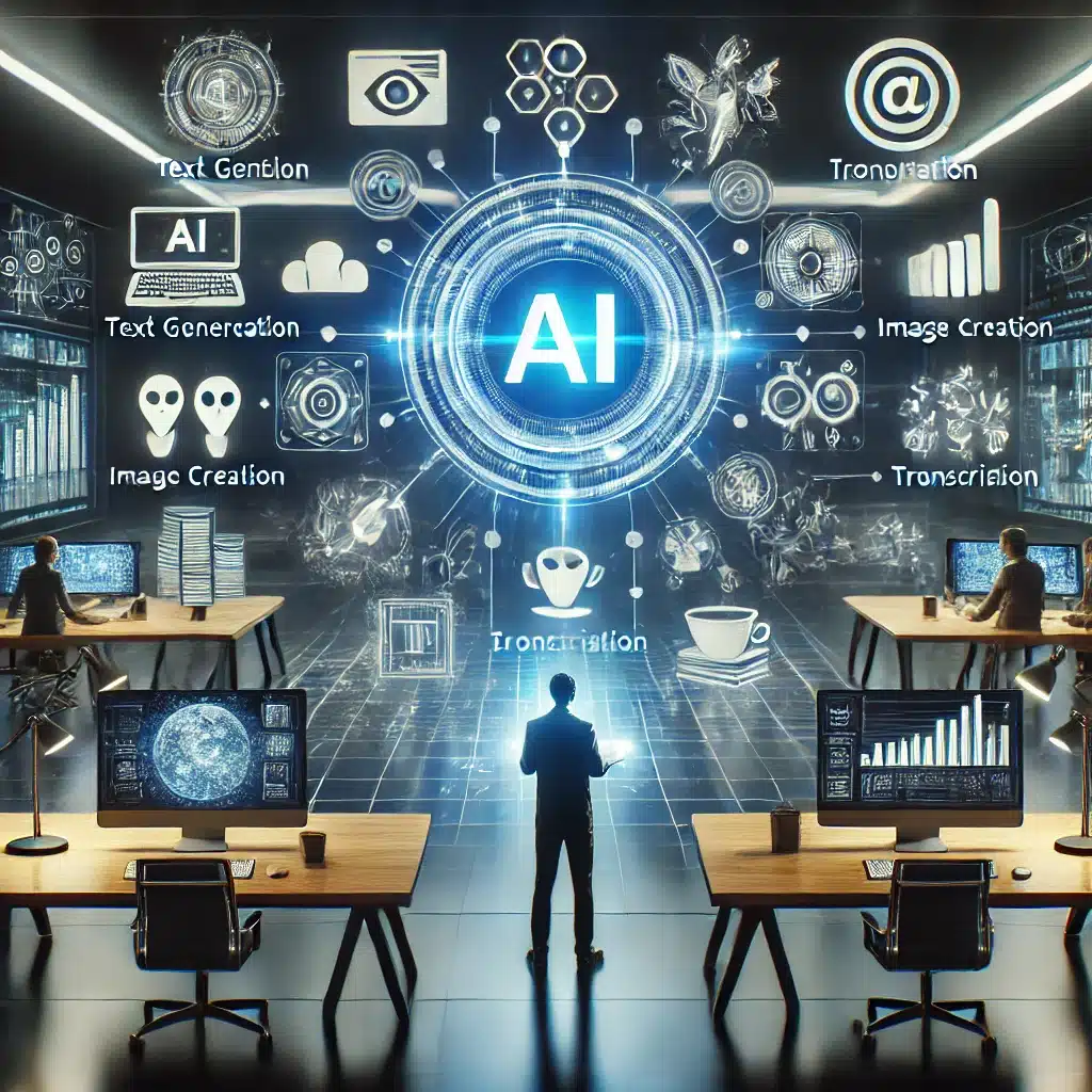 en modern och futuristisk arbetsmiljö där olika AI-produktivitetsverktyg används