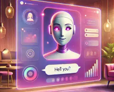 En indbydende og moderne AI-assistent designet til social og romantisk kommunikation. Brugerfladen har varme farver som bløde lilla, pink og blå nuancer, der skaber en hyggelig og engagerende stemning. AI’en præsenteres abstrakt som en venlig, menneskelignende hjælper, der guider brugeren i at skrive den perfekte besked. Fokus er på følelsesmæssig forbindelse frem for teknologi.