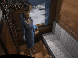 En passager står i en elegant togkupé i Agatha Christie – Murder on the Orient Express, mens sneen falder udenfor vinduet.