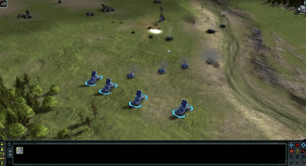 Gameplay fra Supreme Commander med kampvogne, forsvarstårne og artilleri i aktion på en stor slagmark.