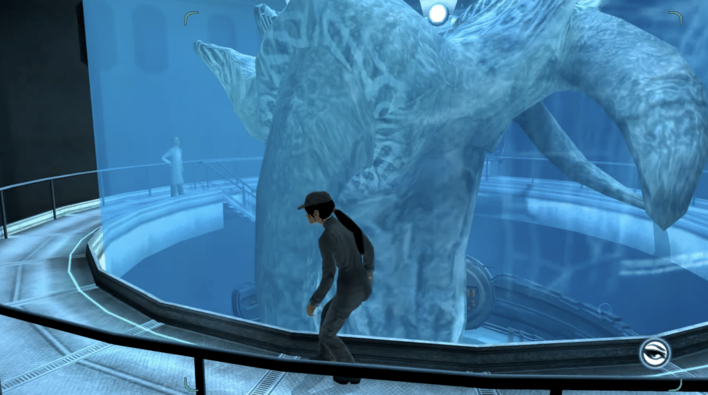Zoë Castillo sneaks past a large bluish creature in Dreamfall: The Longest Journey.