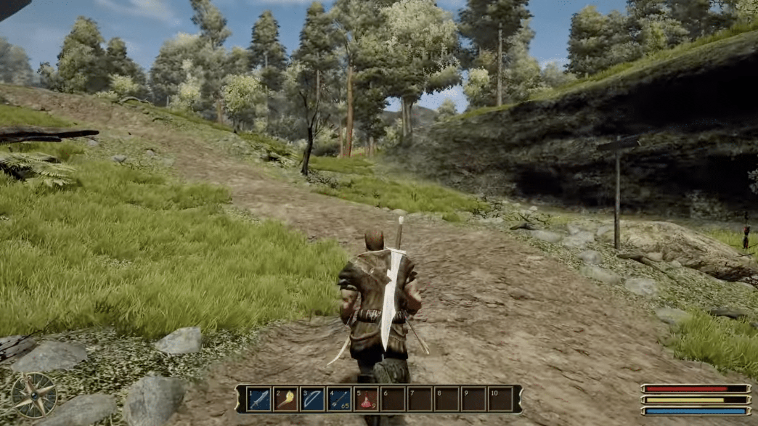 Screenshot from Gothic 3 showing the hero walking through a lush forest in Myrtana with a sword on their back and the classic UI at the bottom of the screen.