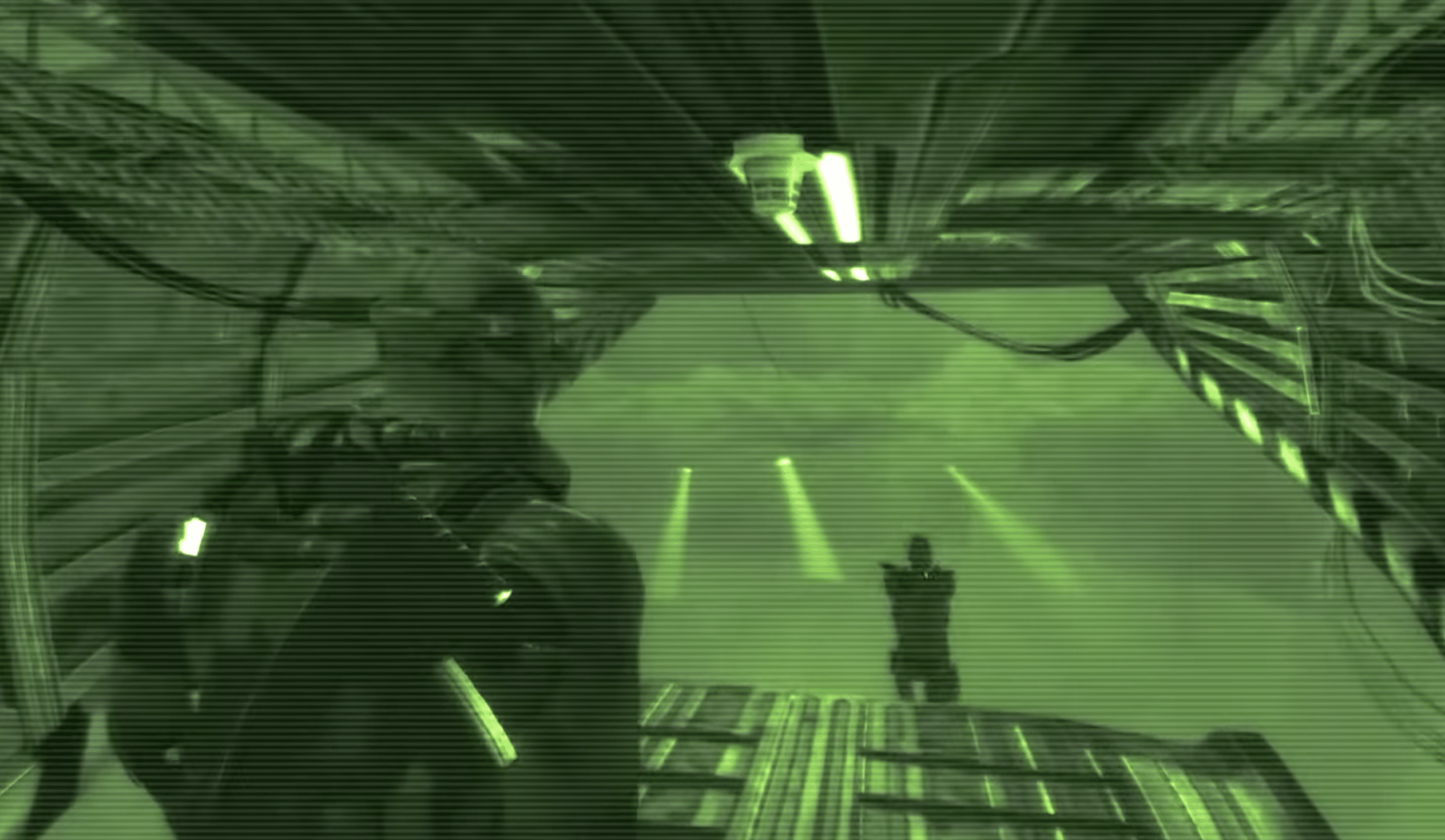 Sam Fisher in Splinter Cell: Double Agent seen through night vision, sneaking through a dark industrial area.