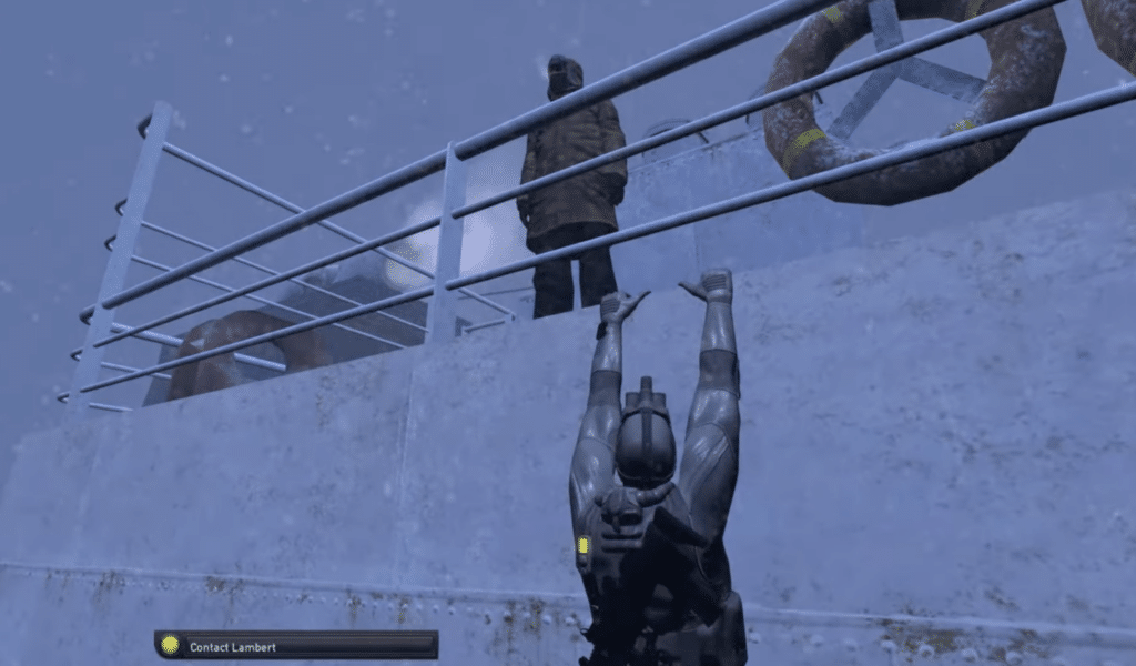 Sam Fisher hangs from a ship’s ledge in Splinter Cell: Double Agent while a guard patrols above in a snowstorm.