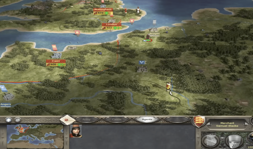 Die Kampagnenkarte in Medieval II: Total War: Ein englischer Händler steht nahe Brügge; Städte wie London, Nottingham und Caen sind zu sehen.