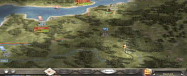 Kampagnekortet i Medieval II: Total War, hvor en engelsk handelsmand står nær Bruges, mens byer som London, Nottingham og Caen vises på kortet.