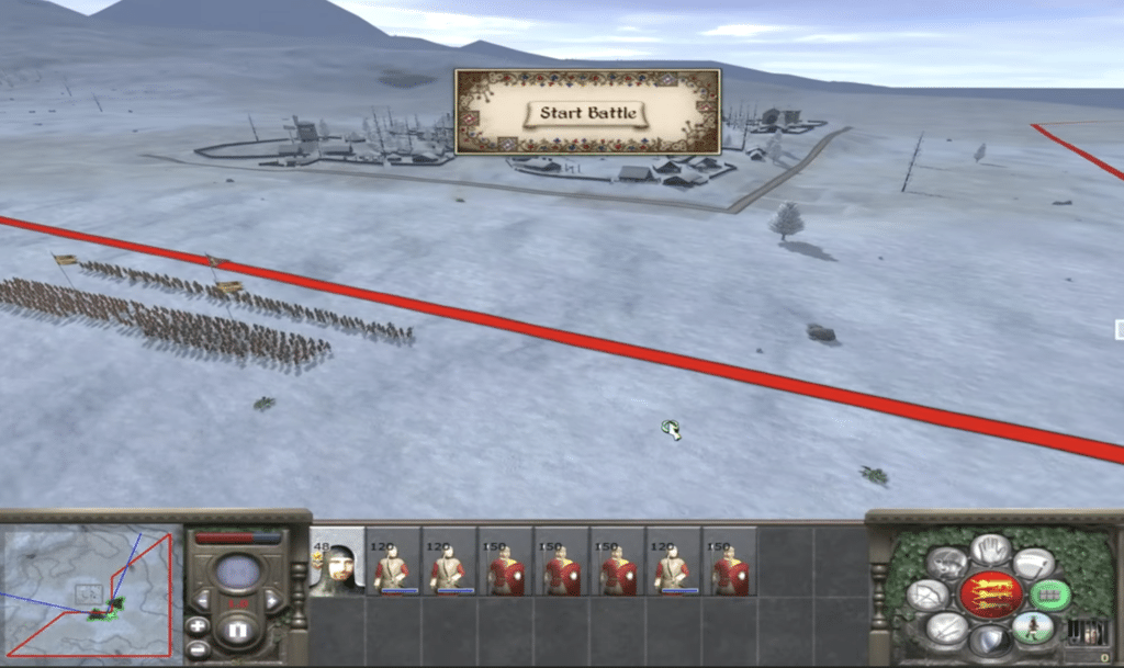 Armee bereit zum Gefecht in Medieval II: Total War auf einem verschneiten Schlachtfeld; der Spieler kann die Schlacht gegen eine befestigte Stadt starten.