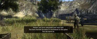 Screenshot fra Call of Juarez, hvor spilleren står i et grønt westernmiljø med revolver i hånden, mens spillet viser en tutorialbesked om bevægelse.