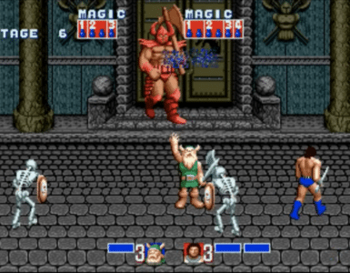 Gameplay-billede fra Golden Axe, hvor Gilius Thunderhead kæmper mod skeletter foran Death Adders slot med magi og sværd i klassisk Sega arcade beat ’em up.