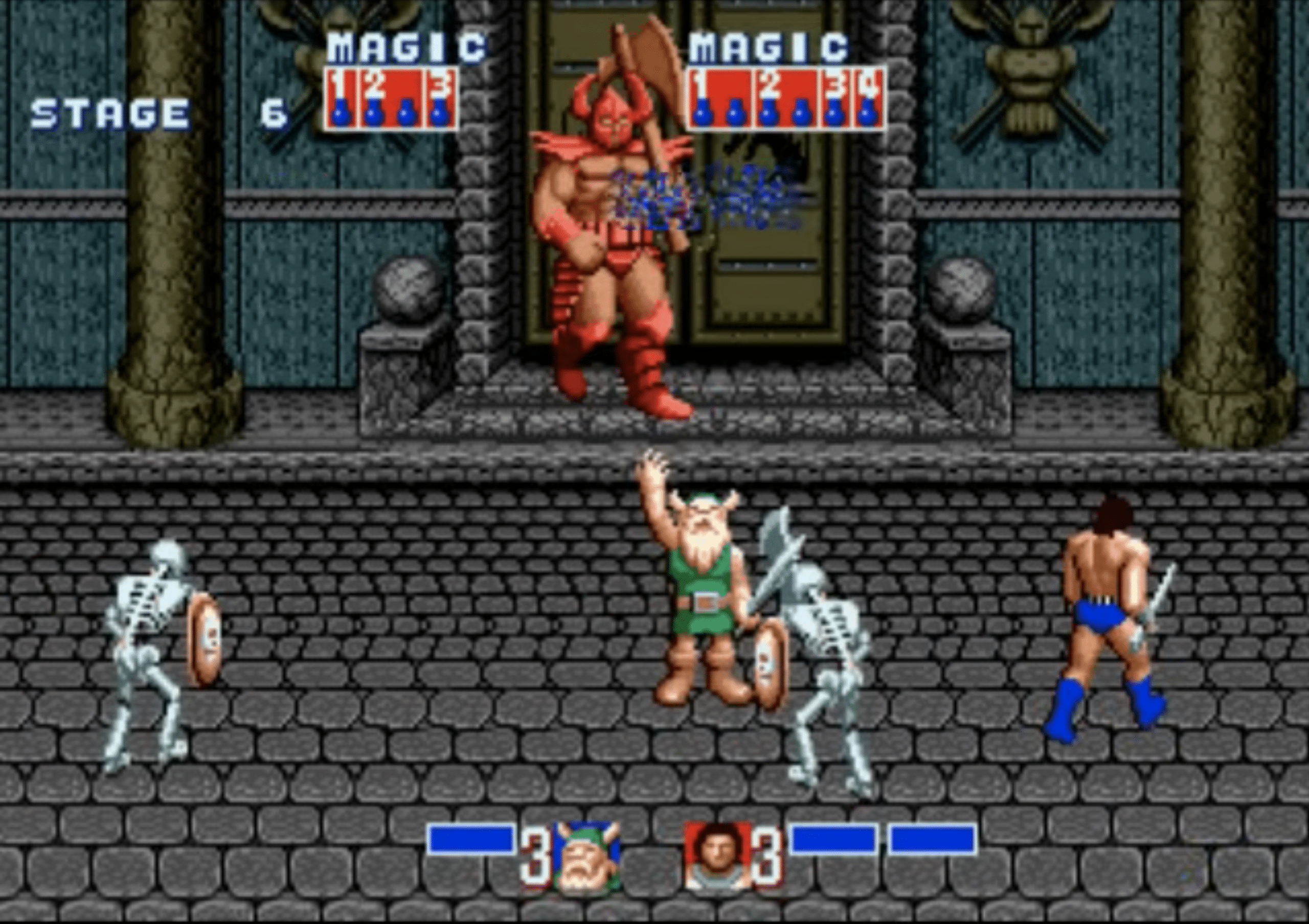 Gameplay image from Golden Axe, where Gilius Thunderhead fights skeletons in front of Death Adder's castle with magic and a sword in a classic SEGA arcade beat ’em up.