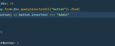 Skærmbillede af JavaScript-kode i mørkt editor-tema, hvor en funktion finder en knap med teksten “Admit” via querySelectorAll("button") og find().