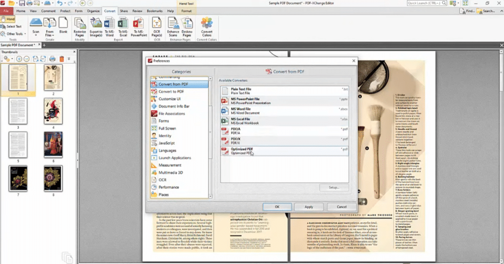 PDF-XChange Viewer mit geöffnetem PDF-Dokument, Miniaturansicht und Einstellungen für die Konvertierung aus PDF.