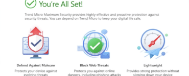 Trend Micro Maximum Security viser færdig opsætning med besked om aktiv beskyttelse mod malware, webtrusler og phishing.