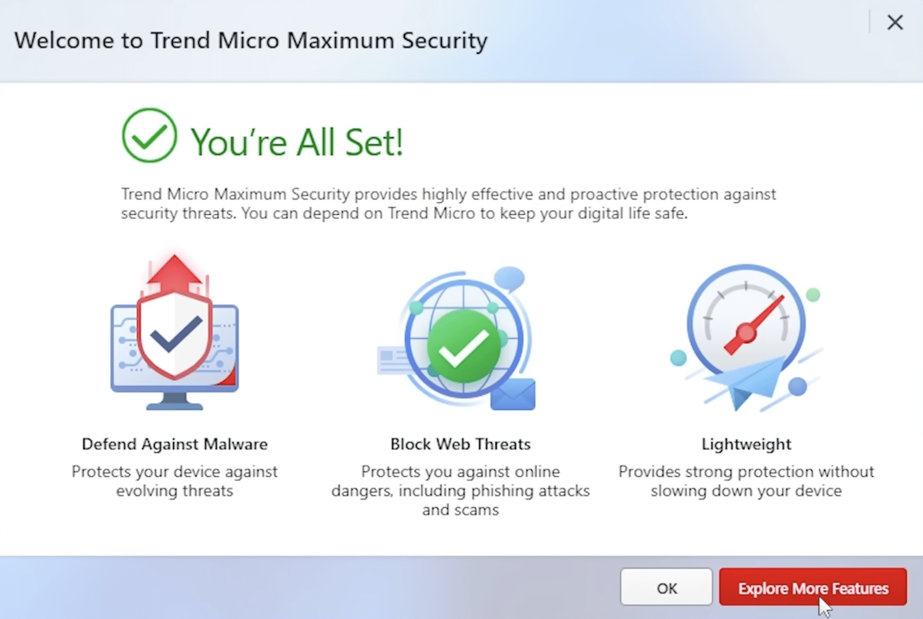 Trend Micro Maximum Security viser fullført oppsett med melding om aktiv beskyttelse mot skadevare, nettrusler og phishing.