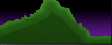 Pocket Tanks-skærmbillede med kuperet grønt terræn, to tanks på hver sin side og skudkontrol nederst på skærmen