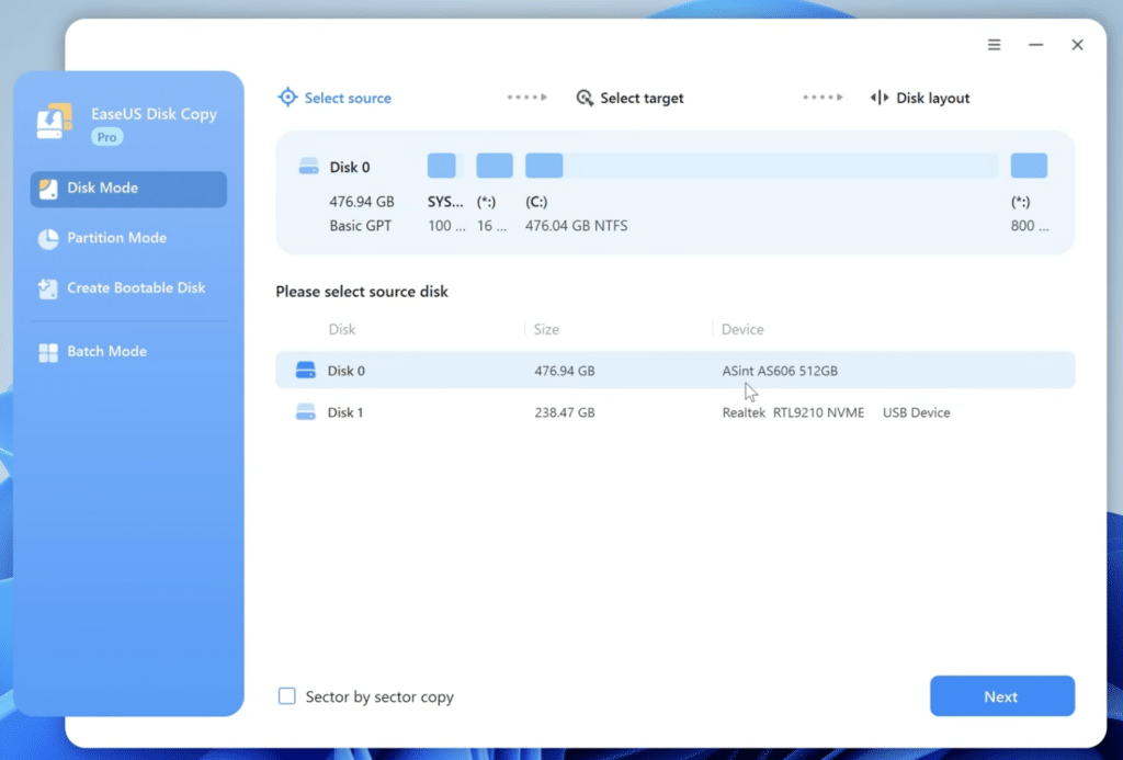 EaseUS Disk Copy viser valg av kildedisk i Disk Mode på Windows, der Disk 0 og Disk 1 kan klones til SSD eller NVMe.