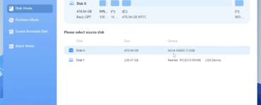 EaseUS Disk Copy viser valg af kildedisk i Disk Mode på Windows, hvor Disk 0 og Disk 1 kan klones til SSD eller NVMe.