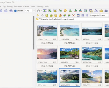 FastStone Image Viewer 7.8 med moderne miniaturevisning, mappepanel og hurtig browsing af feriebilleder i Windows.