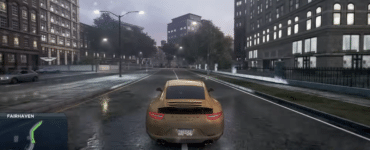 Need for Speed: Most Wanted fra 2012 med Porsche på regnvåd vej i Fairhaven.
