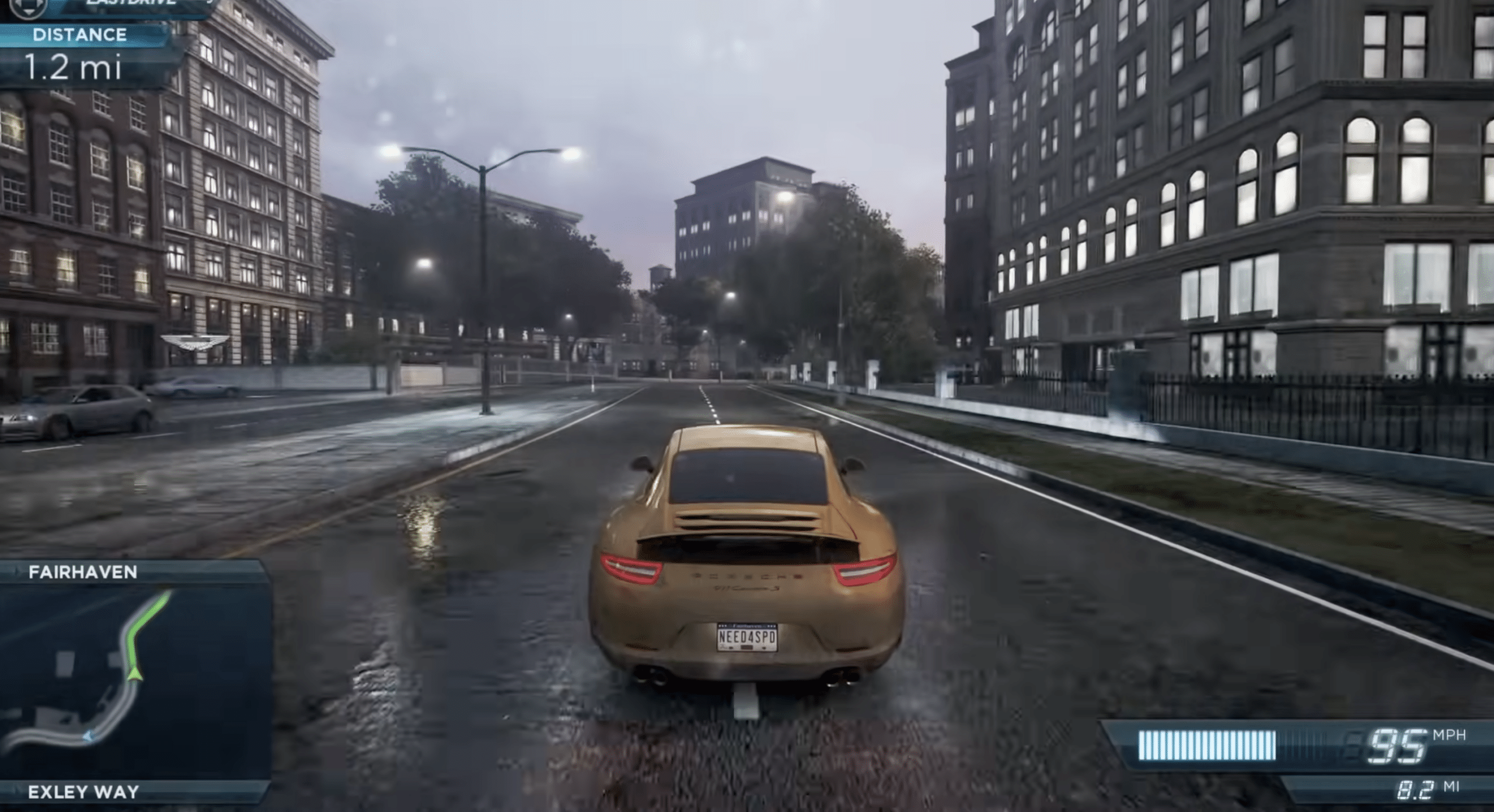 Need for Speed: Most Wanted (2012) with a Porsche on a rain-soaked road in Fairhaven.
