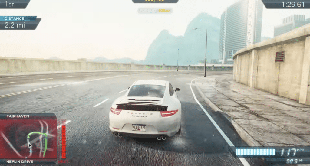 Need for Speed: Most Wanted 2012 with a Porsche at high speed during a police chase in Fairhaven.