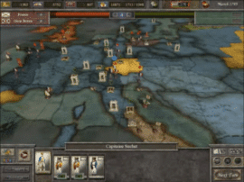 Imperial Glory gameplay med strategisk verdenskort, tropper og ressourcer under en kampagne i Europa.