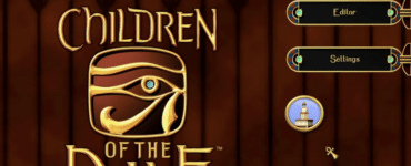 Hovedmenuen i Immortal Cities: Children of the Nile med spillets logo, egyptisk inspireret design og menuknapperne Play, Editor og Settings.