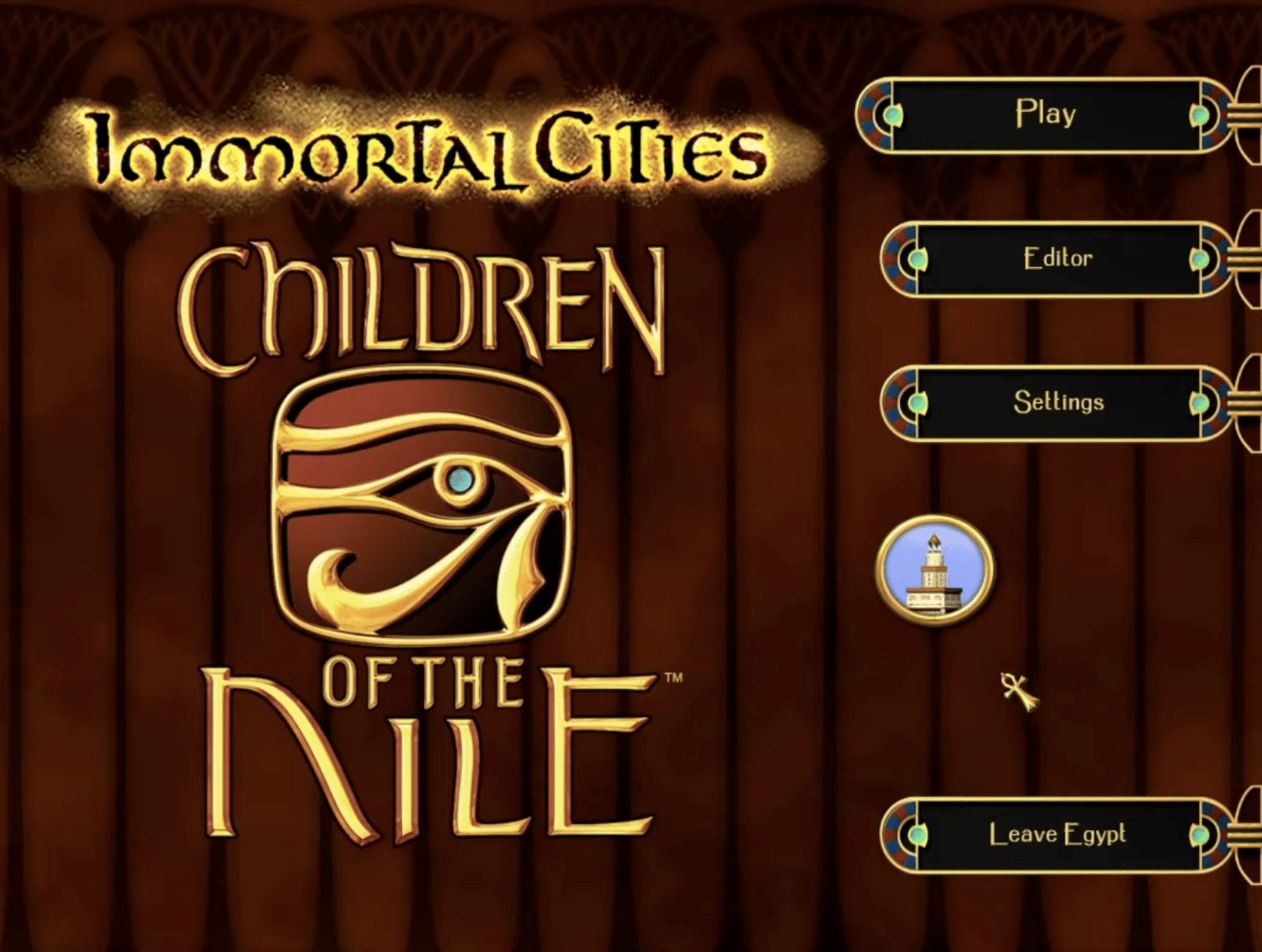 The main menu in Immortal Cities: Children of the Nile with the game's logo, an Egyptian-inspired design, and the Play, Editor, and Settings buttons.