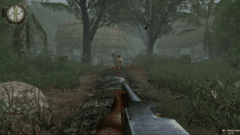 Gameplay fra Men of Valor, hvor spilleren kæmper gennem en tæt junglelandsby under Vietnamkrigen.