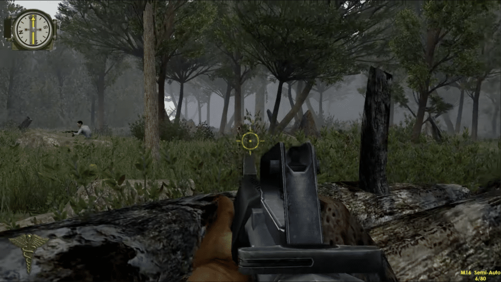 Men of Valor gameplay aiming through dense jungle as an enemy soldier hides among the trees.