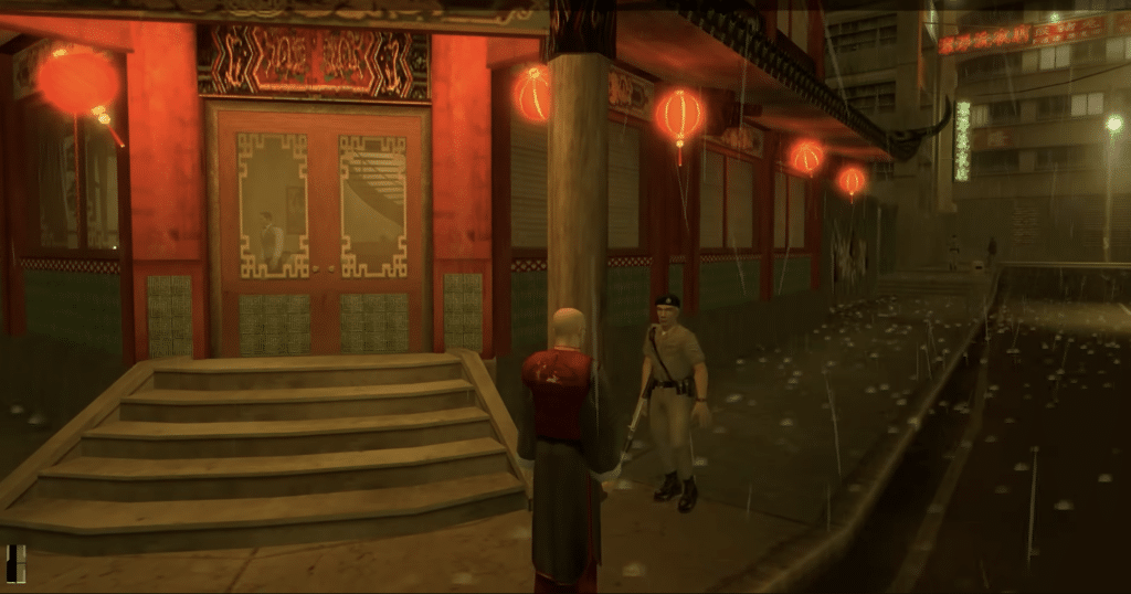 Agent 47 i forklædning foran en kinesisk restaurant i Hitman: Contracts.