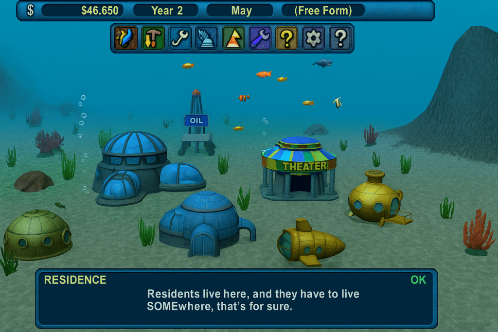 Underwater scene from Deep Sea Tycoon with residential domes, a theater, an oil platform and small submarines surrounded by fish and coral, showcasing the construction of an underwater city in the game’s Free Form mode.