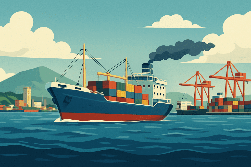 Illustration af et fragtskib lastet med containere, der sejler ind i en havn med kraner og bjerge i baggrunden under en blå himmel – i retro-inspireret stil.