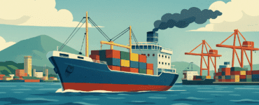 Illustration af et fragtskib lastet med containere, der sejler ind i en havn med kraner og bjerge i baggrunden under en blå himmel – i retro-inspireret stil.