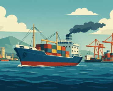 Illustration af et fragtskib lastet med containere, der sejler ind i en havn med kraner og bjerge i baggrunden under en blå himmel – i retro-inspireret stil.