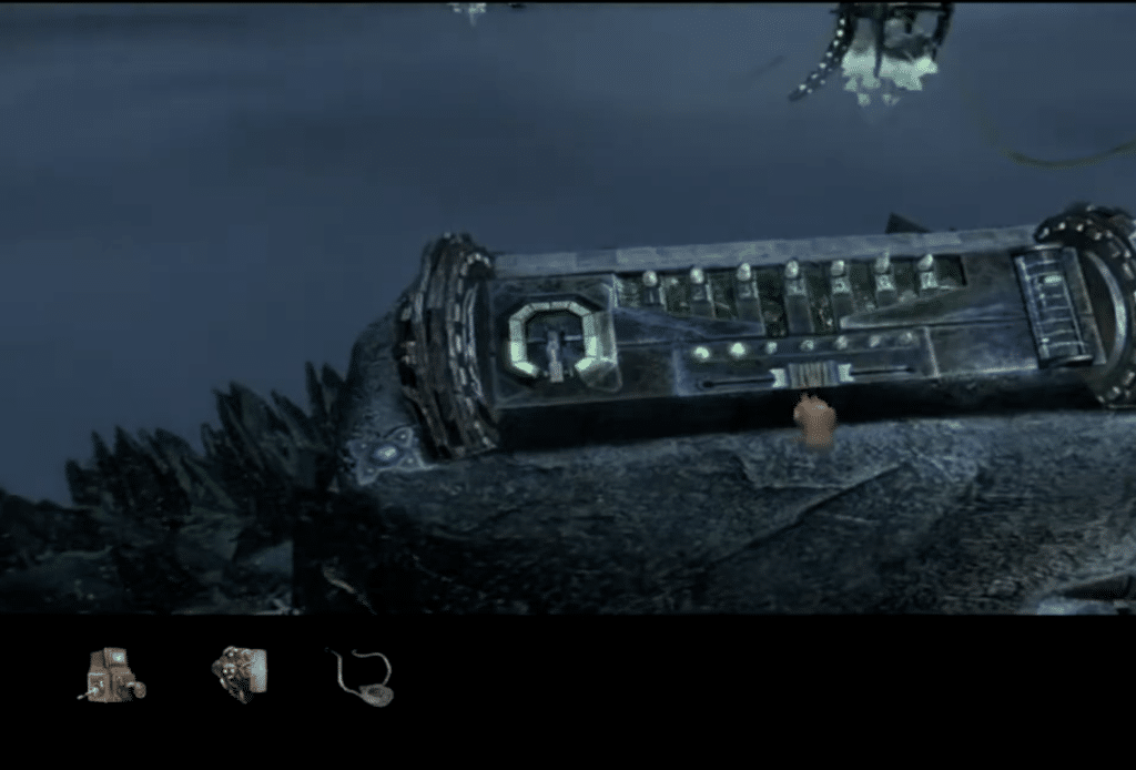 Screenshot aus Myst IV: Revelation mit einem dunklen, mechanischen Rätsel in einer unterwasserähnlichen Umgebung.