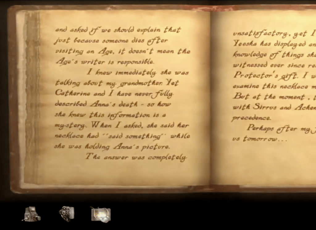 Screenshot aus Myst IV: Revelation mit einem geöffneten Tagebuch, in dem handschriftliche Notizen wichtige Hinweise zur Geschichte offenbaren.