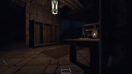 Skærmbillede fra Thief: Deadly Shadows, hvor Garrett sniger sig gennem et mørkt rum oplyst af stearinlys og lamper.