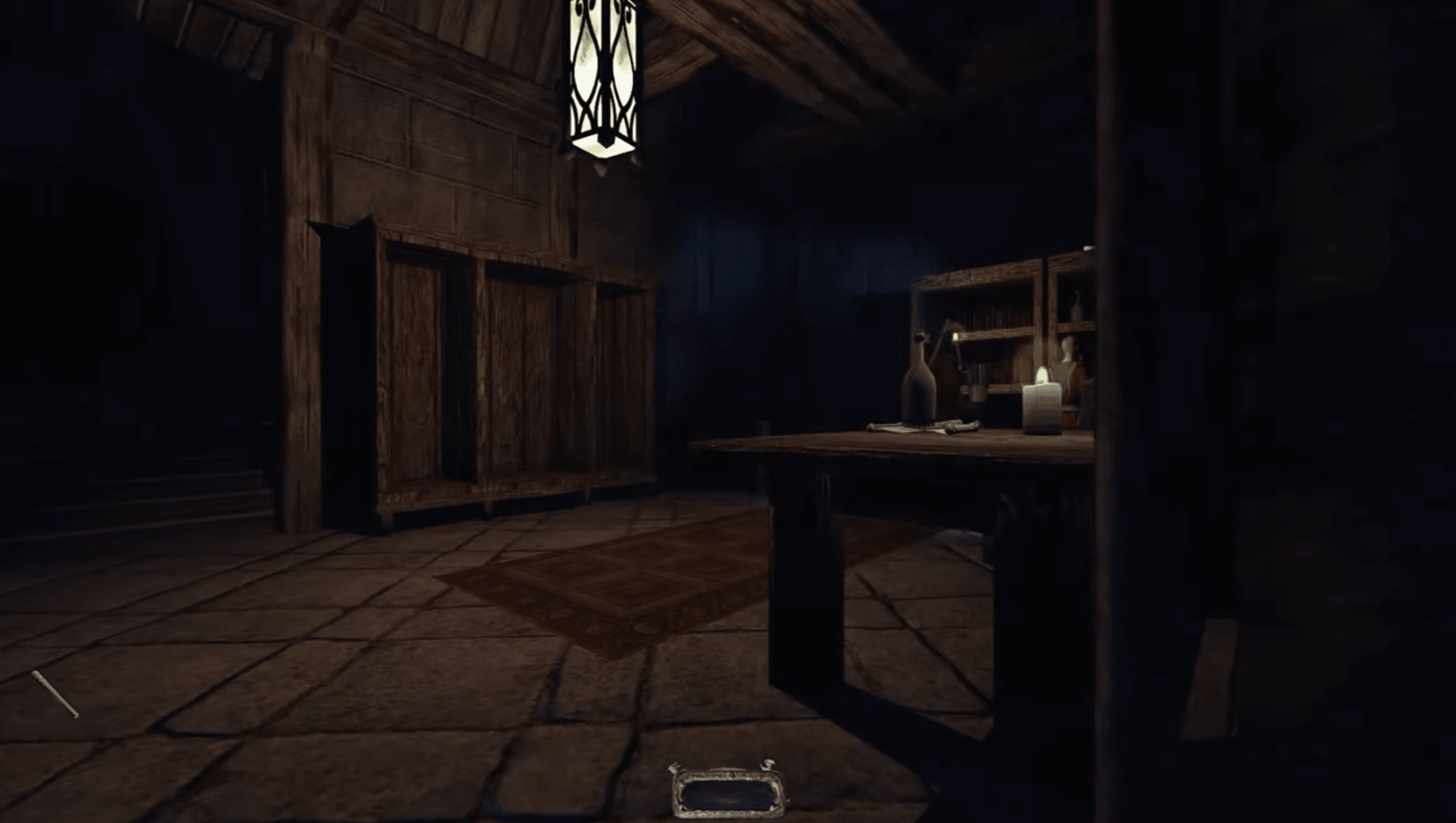 Screenshot from Thief: Deadly Shadows, where Garrett sneaks through a dark room lit by candles and lamps.