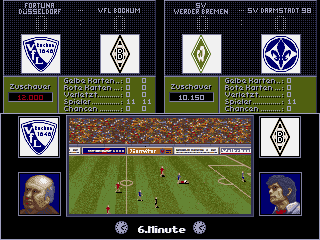 Retro ottelunäkymä pelissä Bundesliga Manager Professional: katsojamäärä, joukkueiden logot ja Bundesliiga-ottelun livesimulaatio.