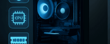 Moderne stationær computer med blå LED-lys, omgivet af ikoner for temperatur, CPU, RAM og systemanalyse på mørk baggrund – symboliserer hardwareovervågning og diagnose.