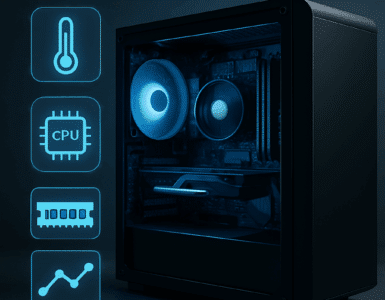 Moderne stationær computer med blå LED-lys, omgivet af ikoner for temperatur, CPU, RAM og systemanalyse på mørk baggrund – symboliserer hardwareovervågning og diagnose.