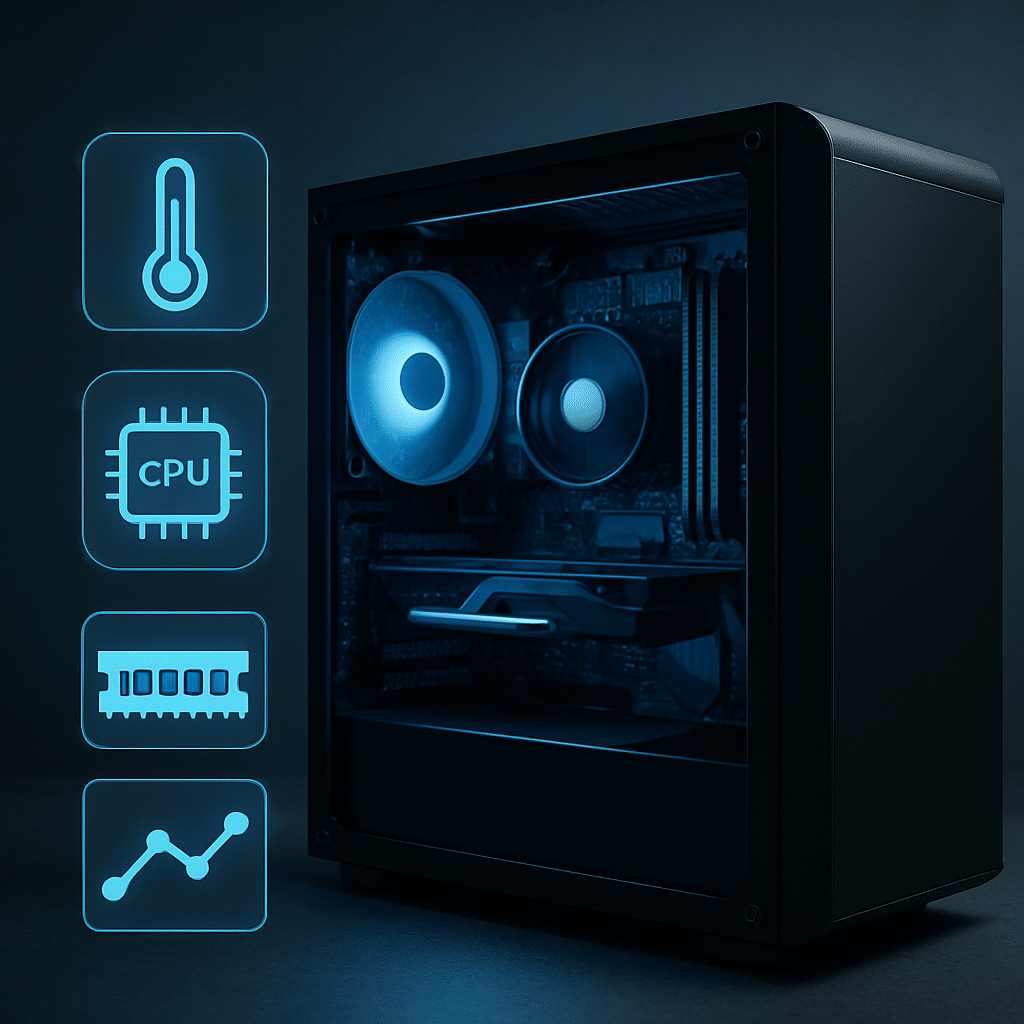 Moderne stationær computer med blå LED-lys, omgivet af ikoner for temperatur, CPU, RAM og systemanalyse på mørk baggrund – symboliserer hardwareovervågning og diagnose.