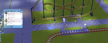 RollerCoaster Tycoon 3 med to rutsjebaner, besøgende i forlystelsesparken og spillets menu til at bygge stier og dekorationer.
