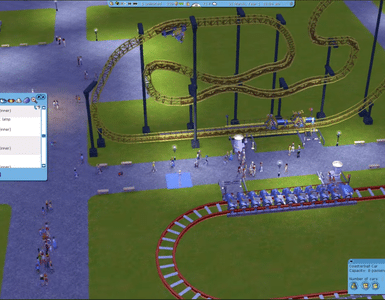RollerCoaster Tycoon 3 med to rutsjebaner, besøgende i forlystelsesparken og spillets menu til at bygge stier og dekorationer.